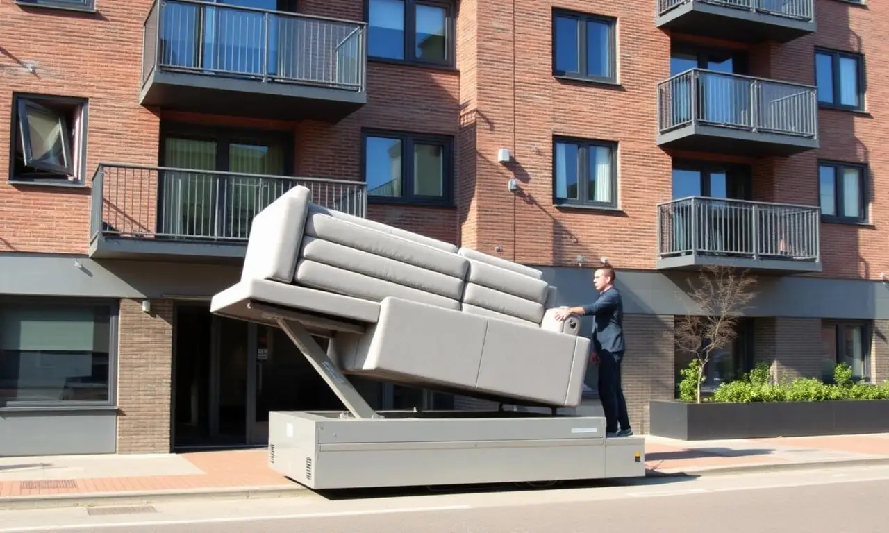 Verhuislift met operator brengt meubels veilig via balkon omhoog