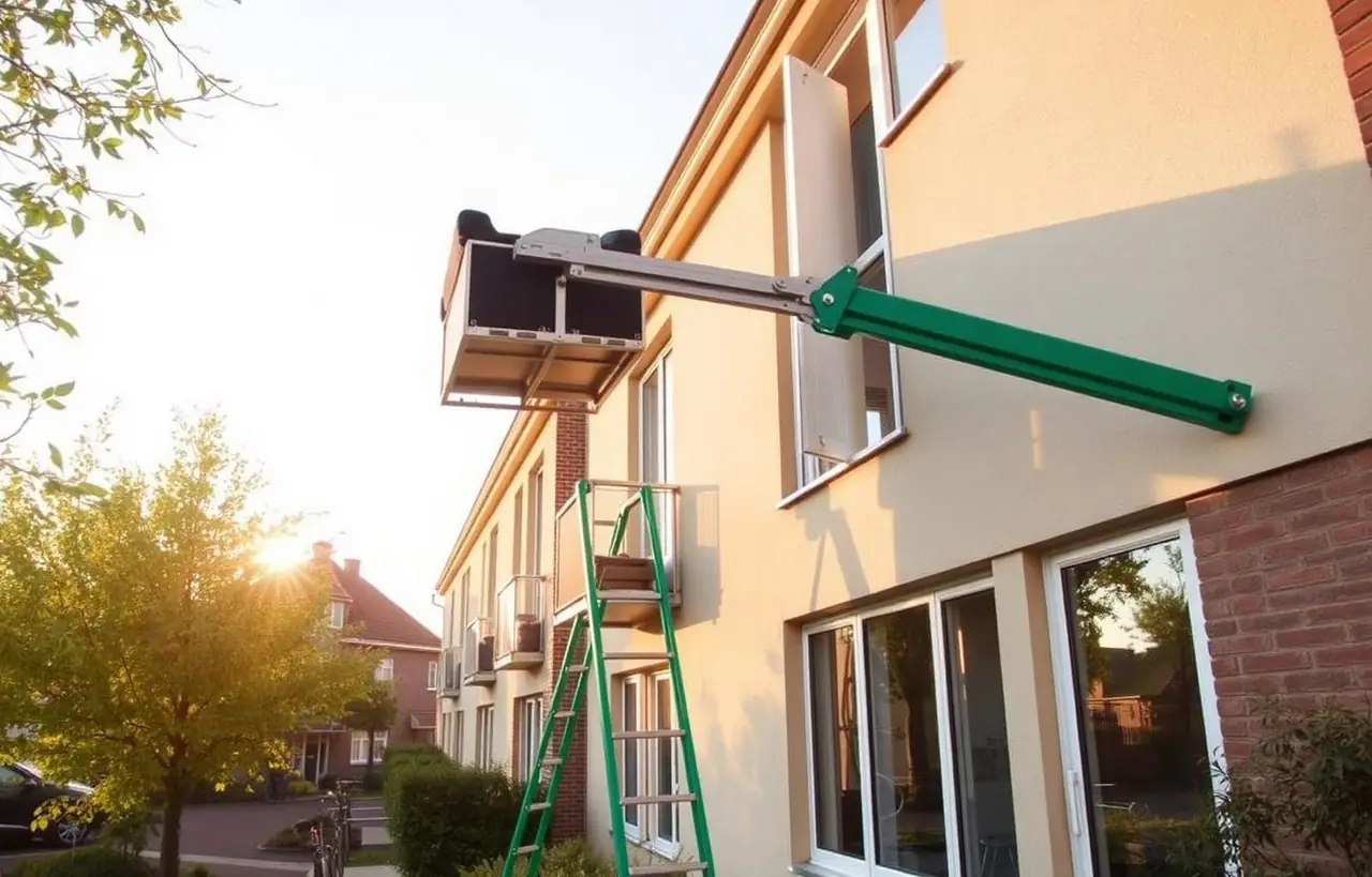 Verhuislift hijst meubels via balkon omhoog bij woning in Aalsmeer