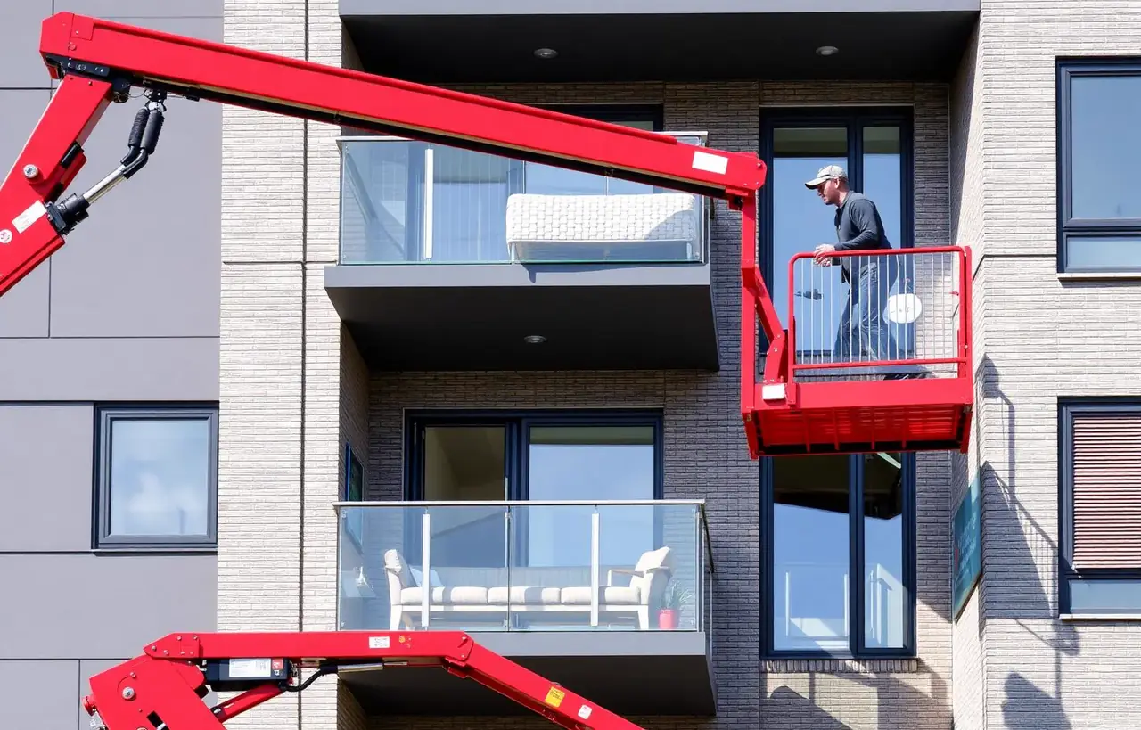Verhuislift hijst meubels via balkon omhoog bij appartement in Almere