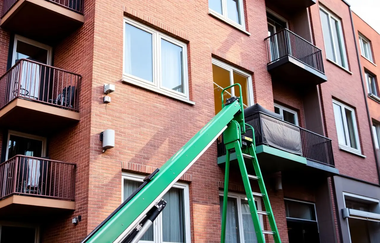 Verhuislift hijst meubels via balkon omhoog bij appartement in Amstelveen