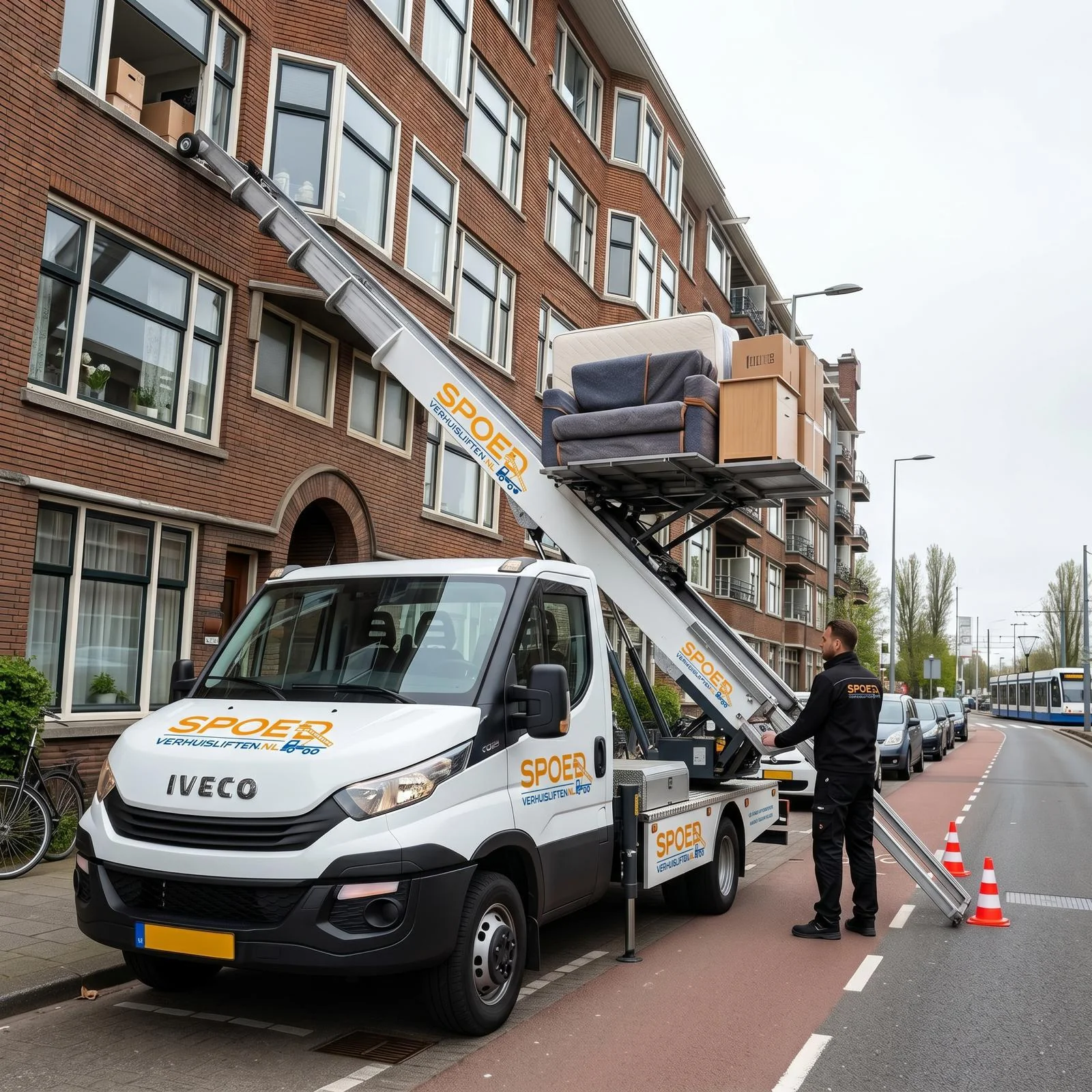 Verhuislift hijst meubels via gevel omhoog bij Amsterdams pand