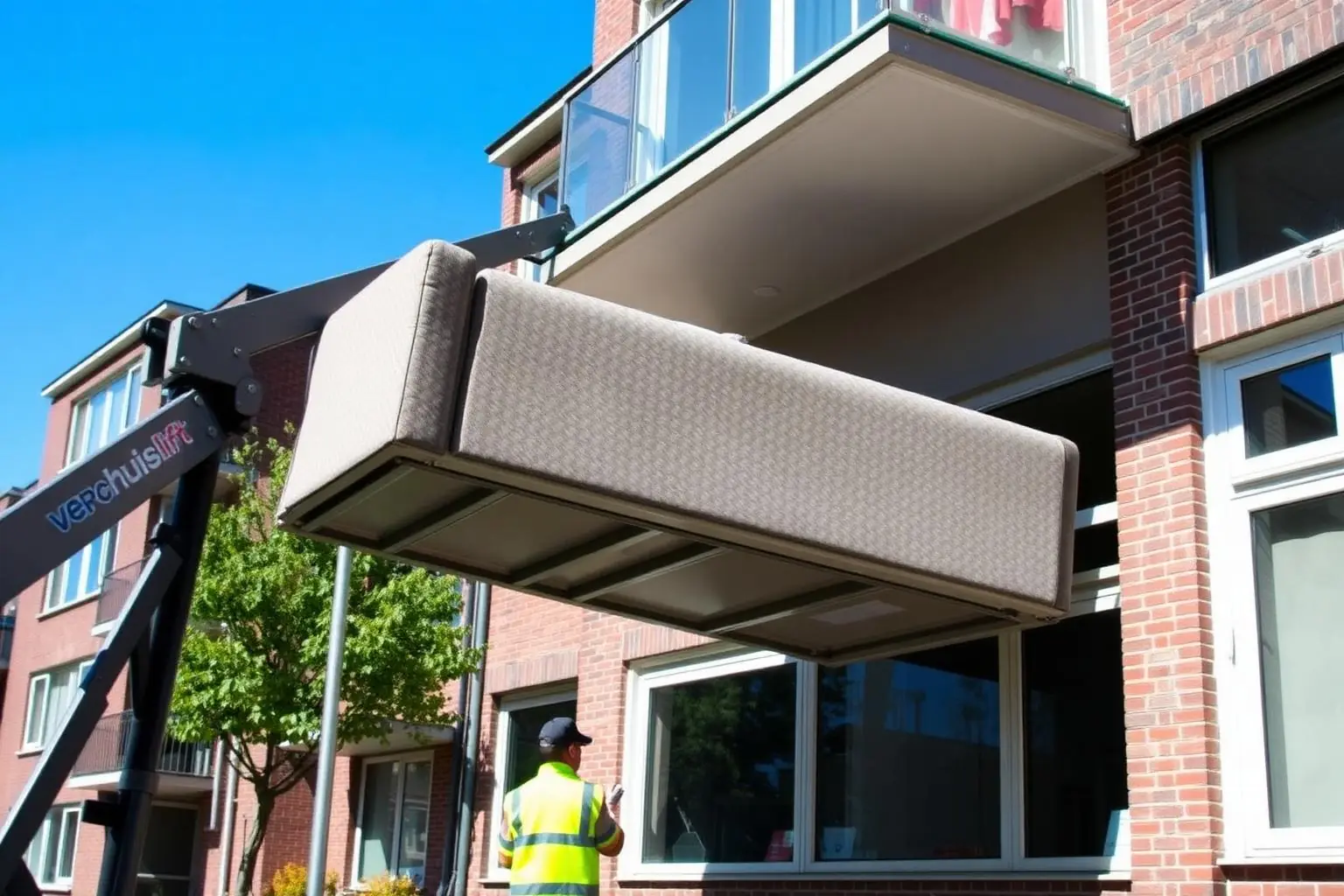 Verhuislift hijst bank via balkon naar appartement