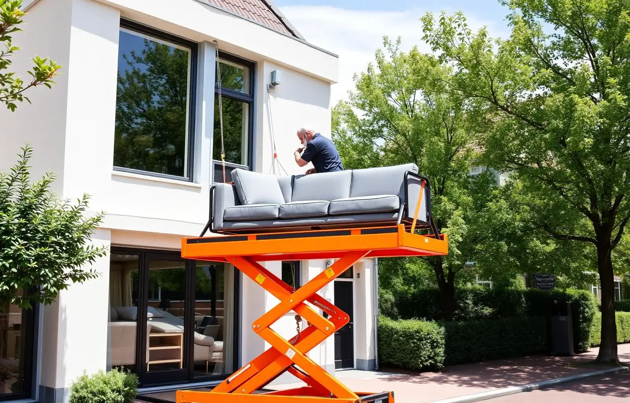Verhuislift hijst een bank via balkon omhoog bij woning in Badhoevedorp