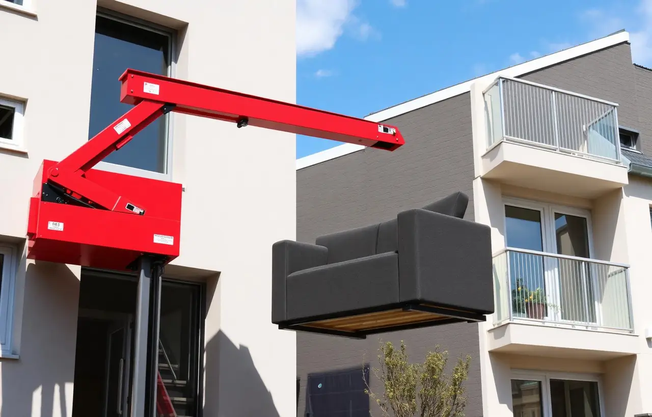 Verhuislift hijst meubels via balkon omhoog bij appartement in Diemen