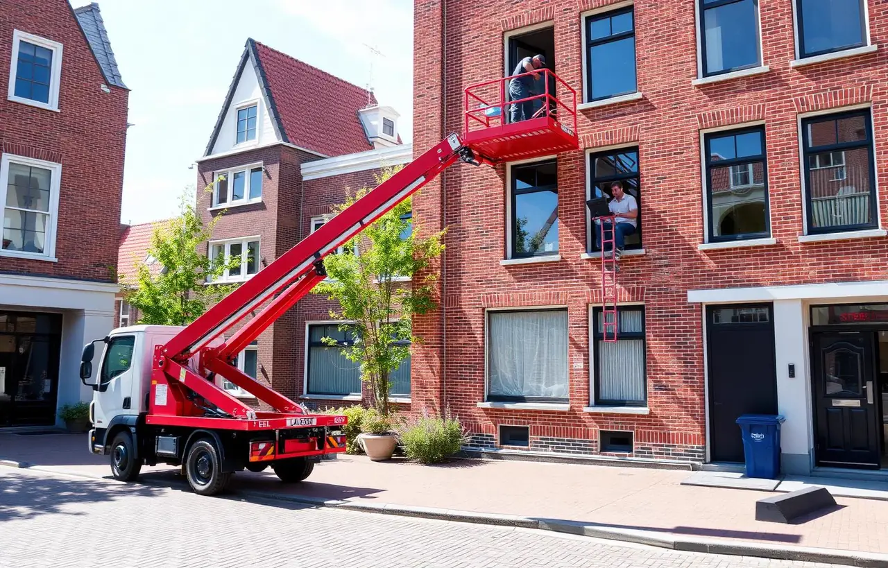 Verhuislift hijst meubels via raam omhoog bij woning in Haarlem
