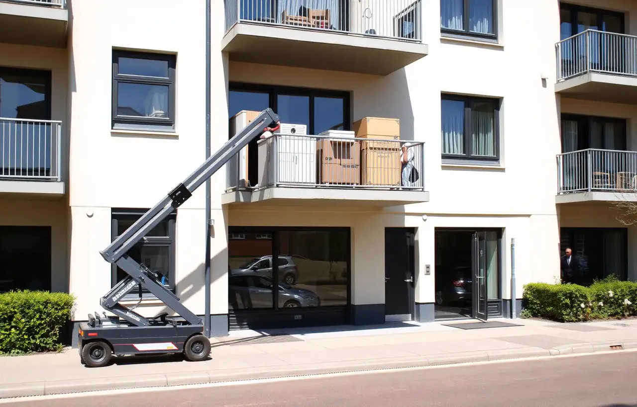 Verhuislift hijst meubels via balkon omhoog bij appartement in Hoofddorp