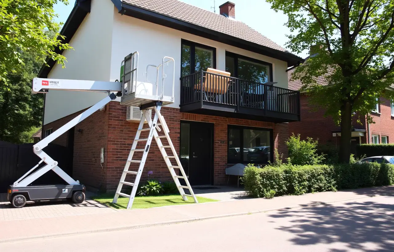 Verhuislift hijst meubels via balkon omhoog bij woning in Landsmeer