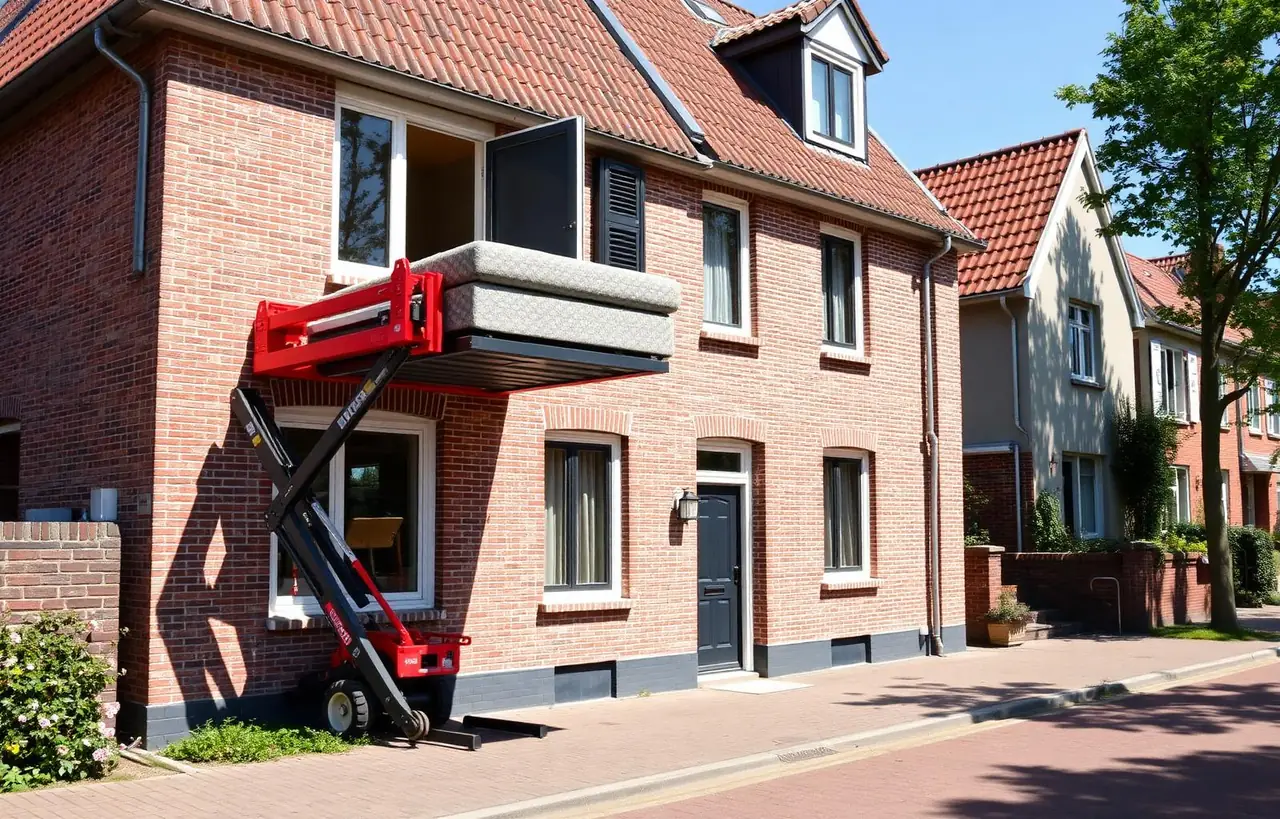 Verhuislift hijst meubels via balkon omhoog bij woning in Ouderkerk aan de Amstel