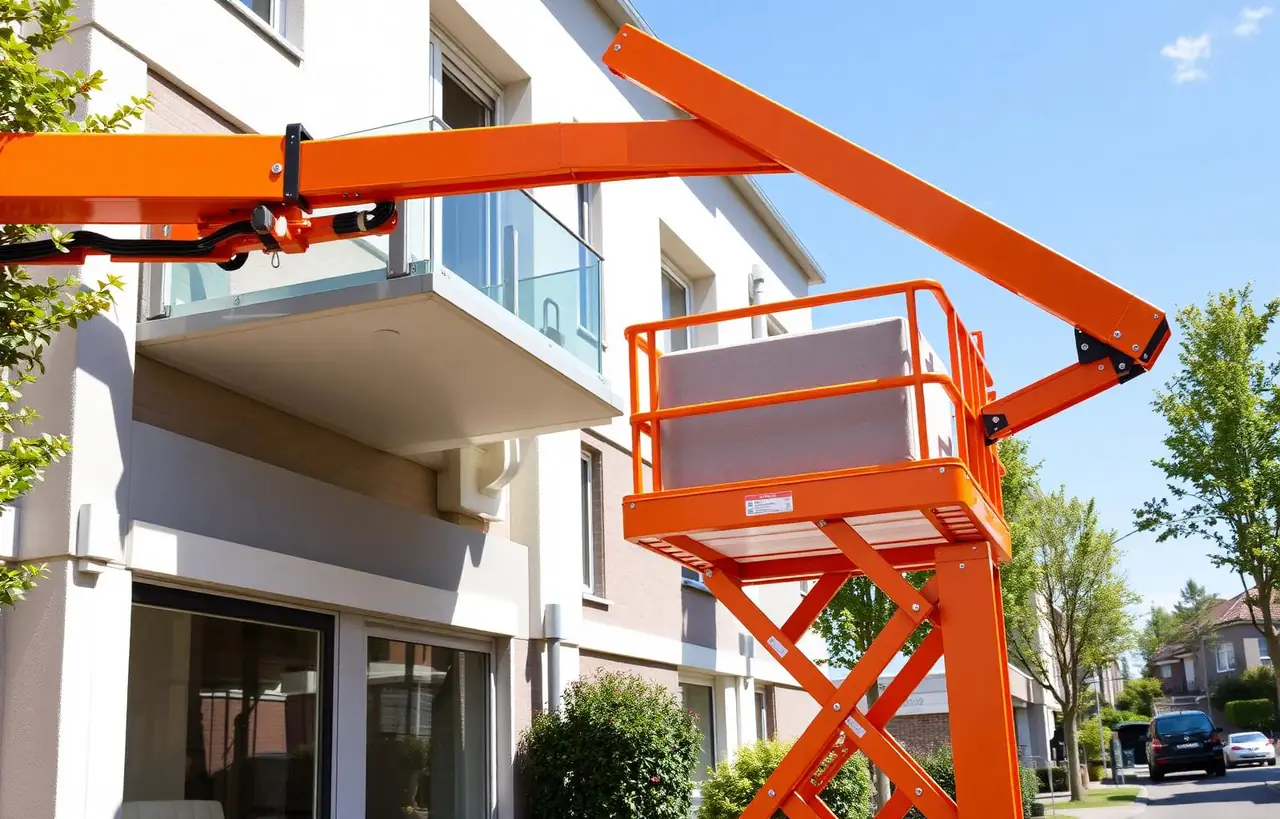 Verhuislift hijst meubels via balkon omhoog bij appartement in Uithoorn