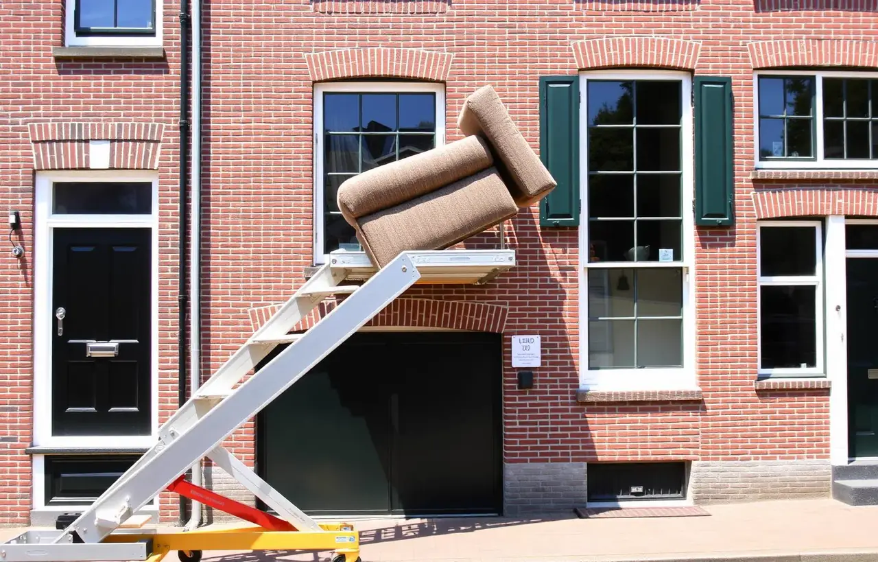 Verhuislift hijst meubels via raam omhoog bij woning in Weesp