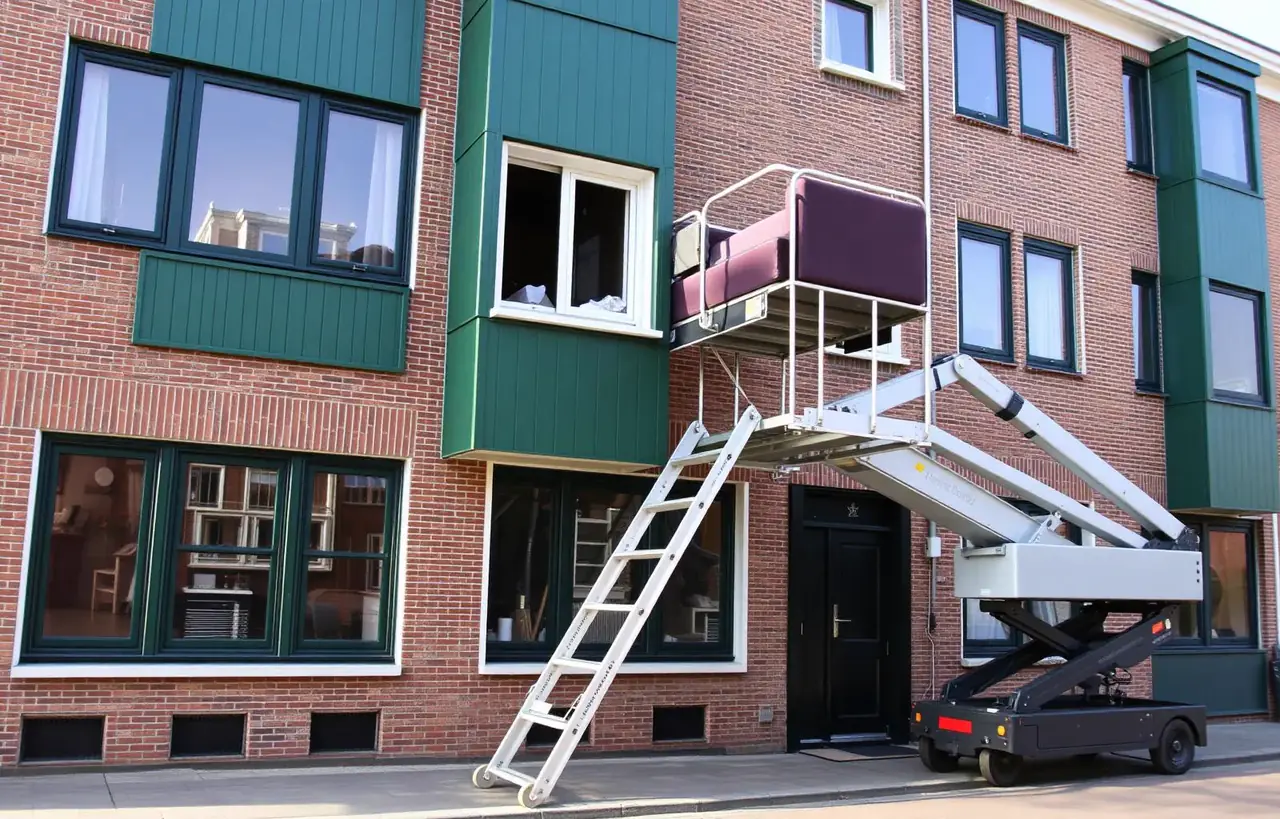 Verhuislift hijst meubels via raam omhoog bij appartement in Zaandam